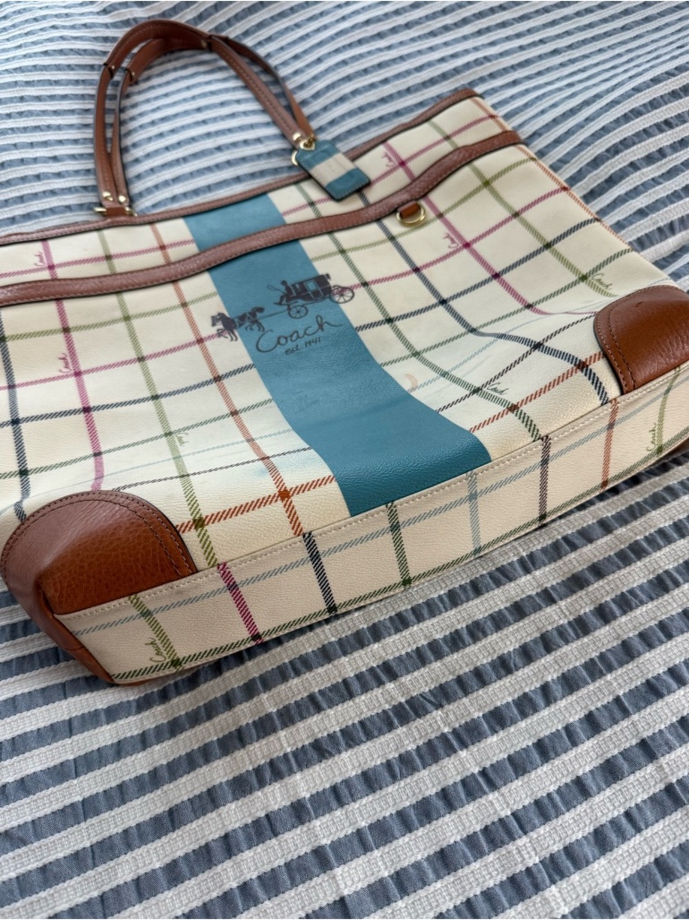 2008 Coach Heritage Cream Plaid Tote with Teal Center Stripe and Brown Trim - Picture 3 of 9